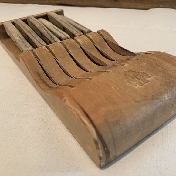 Vintage EKCO Flint Steak Knife Set of 6 Original Wood Holder Made in the USA - Picture 12 of 12